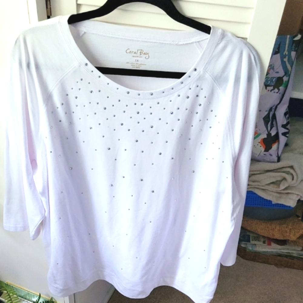 Coral Bay Silver Stone Embellished 3/4 Sleeve Knit Top. 1X
